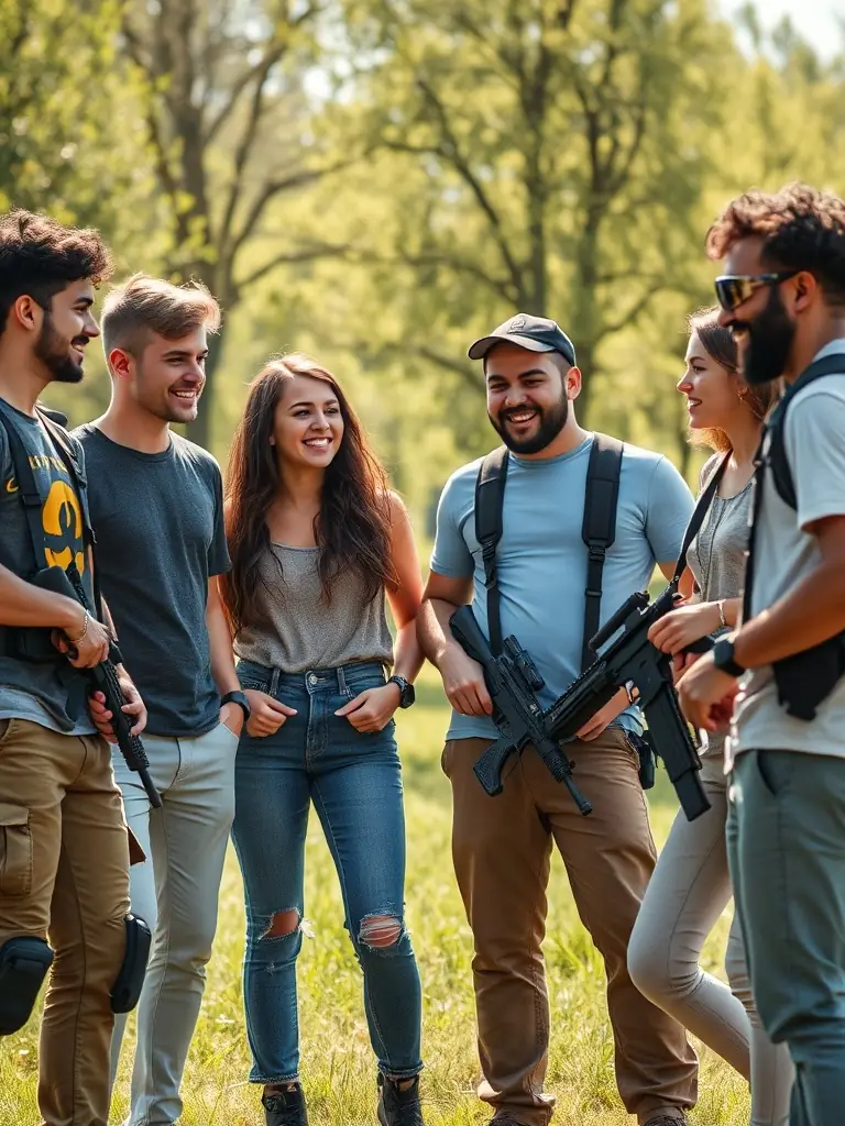 A group photo of GHOST TEAM AIRSOFT 15 members socializing and enjoying themselves after an airsoft event, showcasing the social aspect of the team.