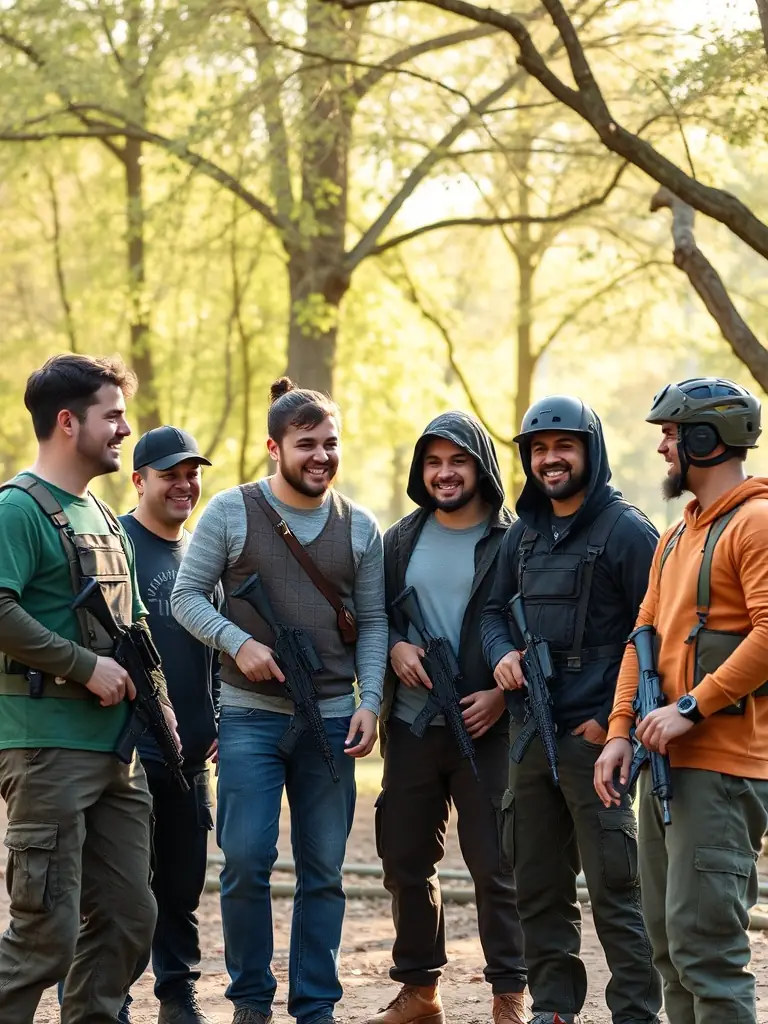 A candid shot of GHOST TEAM AIRSOFT 15 members laughing and socializing after a game, highlighting the fun and social aspects of the community.