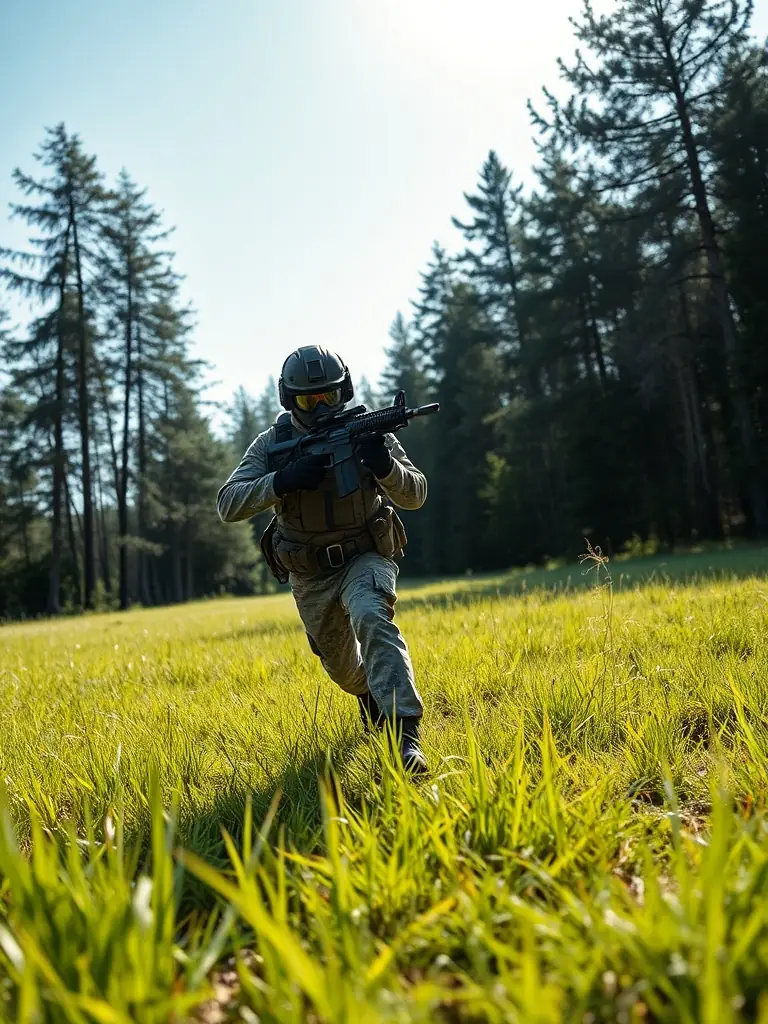 An action shot of an airsoft player running and aiming in a safe and controlled environment, emphasizing responsible participation.