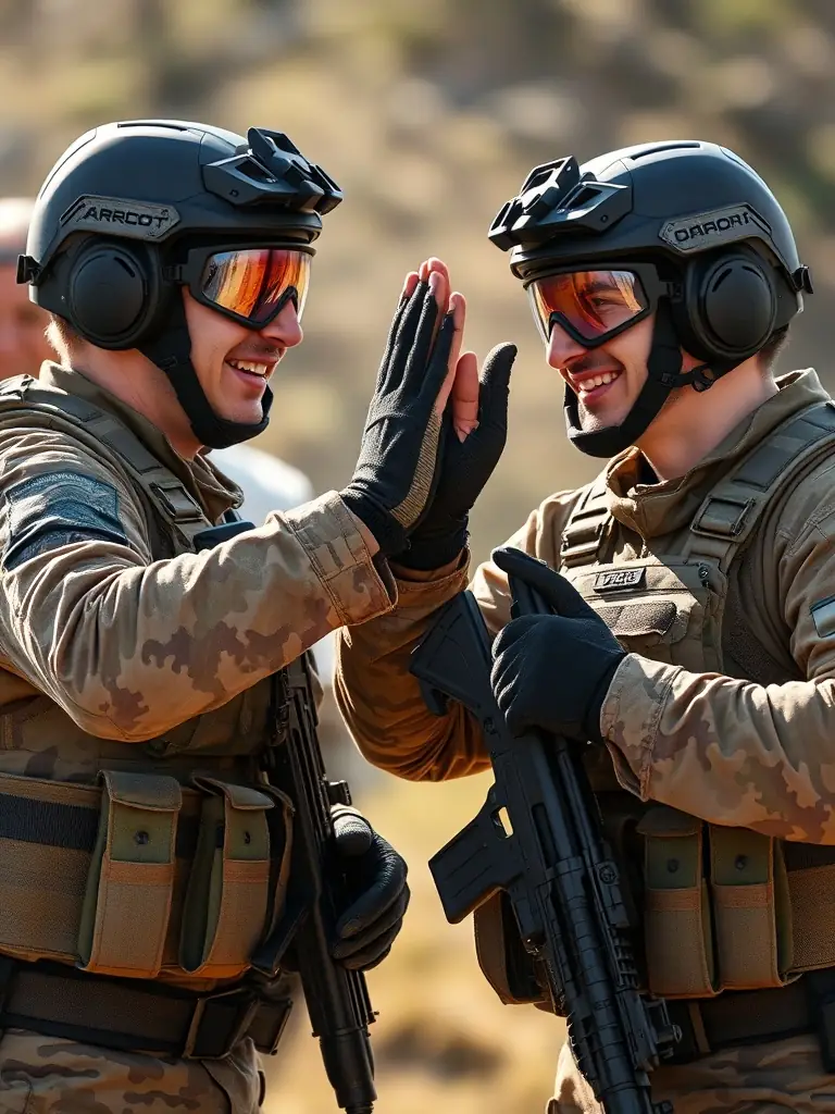 A close-up shot of two airsoft players high-fiving after a successful mission, showcasing teamwork and camaraderie.