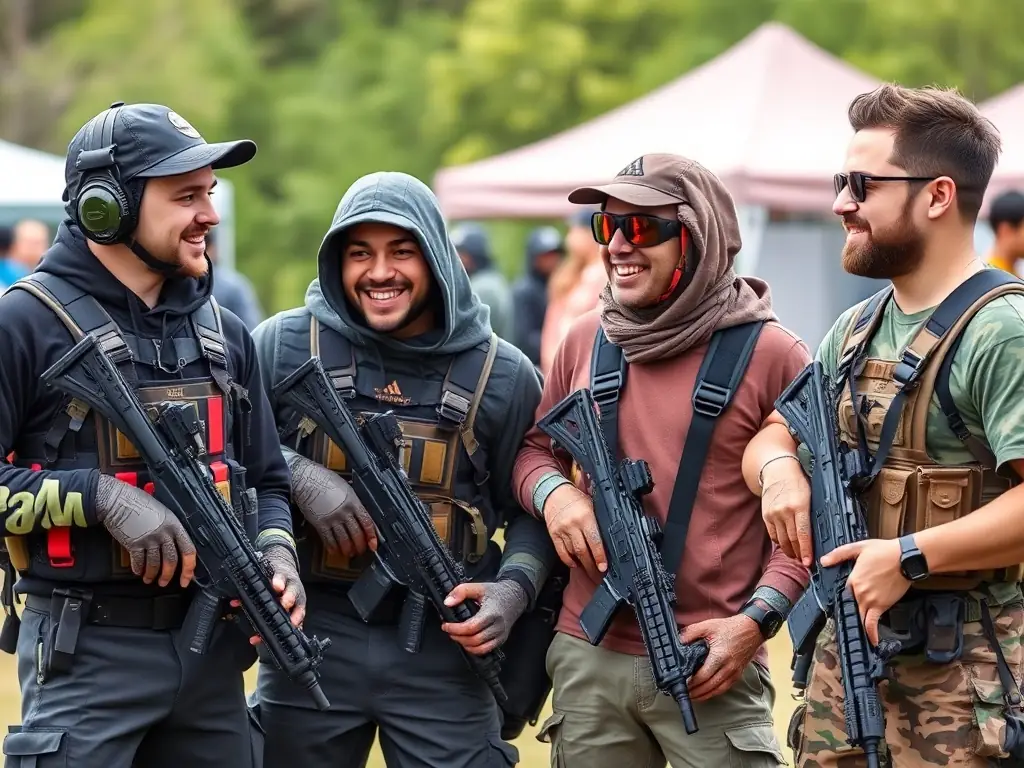 A photo of participants at an airsoft event, smiling and interacting, emphasizing the social and community aspects of GHOST TEAM AIRSOFT 15.
