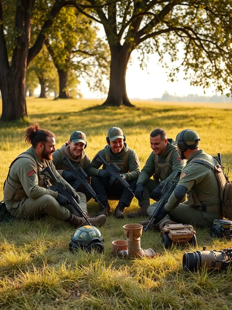 A group photo of GHOST TEAM AIRSOFT 15 members strategizing during a break, showcasing camaraderie and collaborative decision-making.