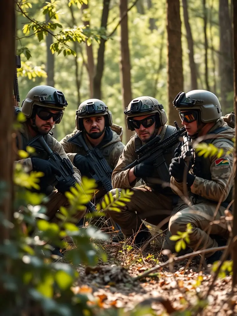 A group of airsoft players in tactical gear strategizing during a woodland scenario at a GHOST TEAM AIRSOFT 15 event, focusing on teamwork and communication.