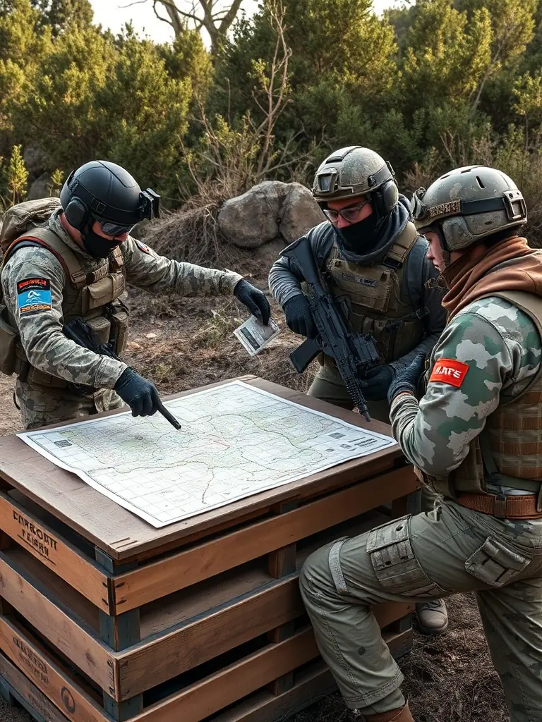 An image of airsoft players strategizing during a game, pointing at a map and discussing tactics.