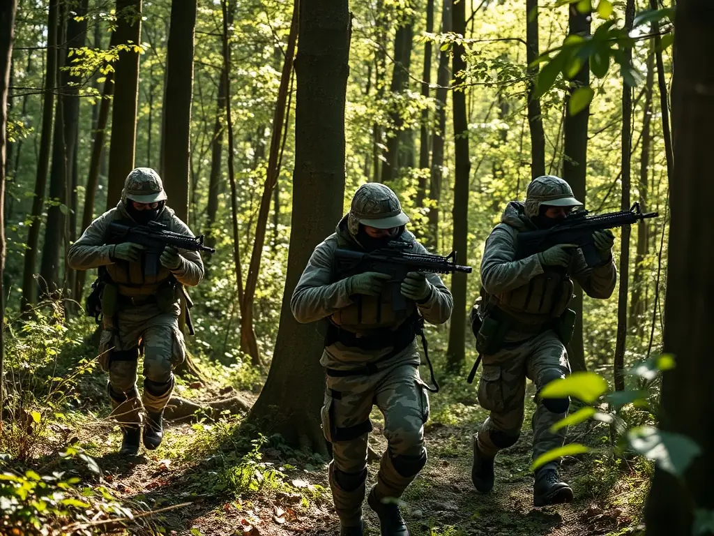 An action shot of airsoft players engaging in a dynamic scenario in a wooded area, highlighting the excitement and physical activity involved.