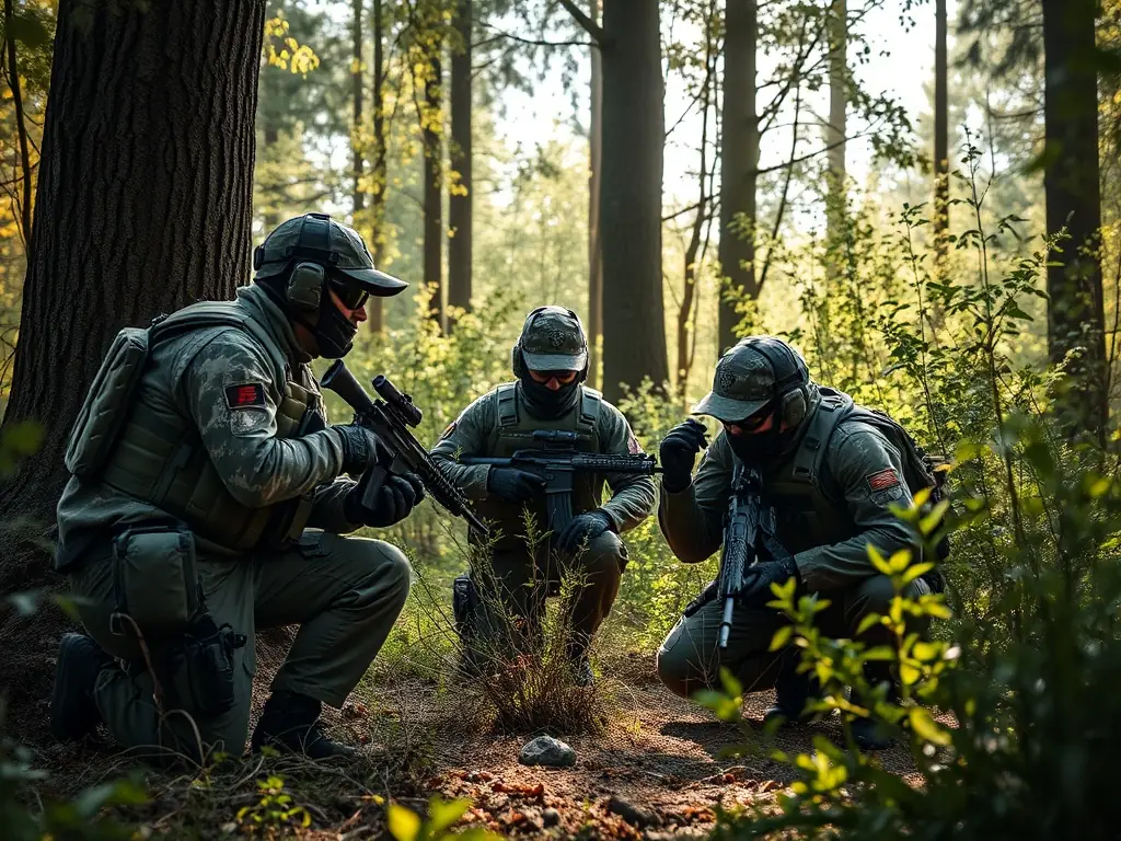 A group of airsoft players in tactical gear strategizing during a scenario in a wooded area, showcasing teamwork and communication.