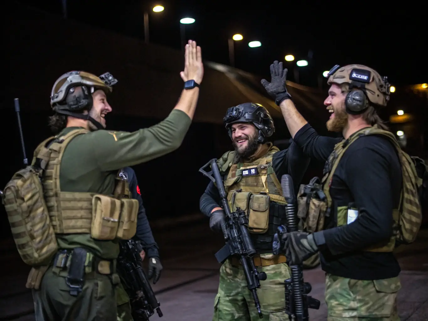 A diverse group of airsoft players socializing and sharing experiences after a game, highlighting community engagement.