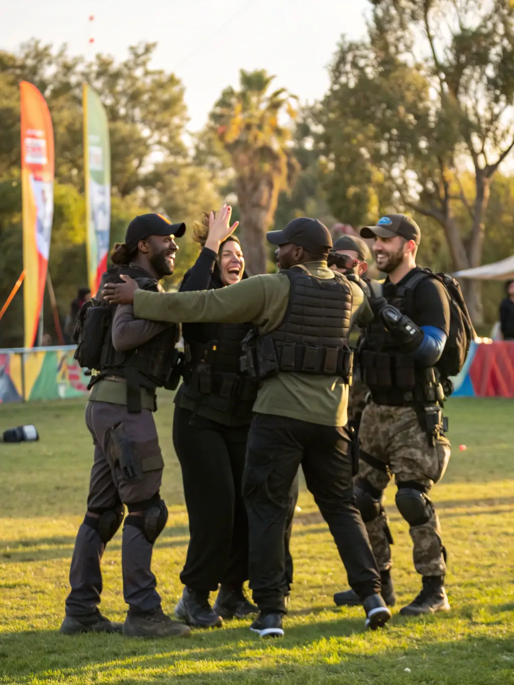Members of GHOST TEAM AIRSOFT 15 socializing and laughing after an airsoft event, highlighting the community aspect.