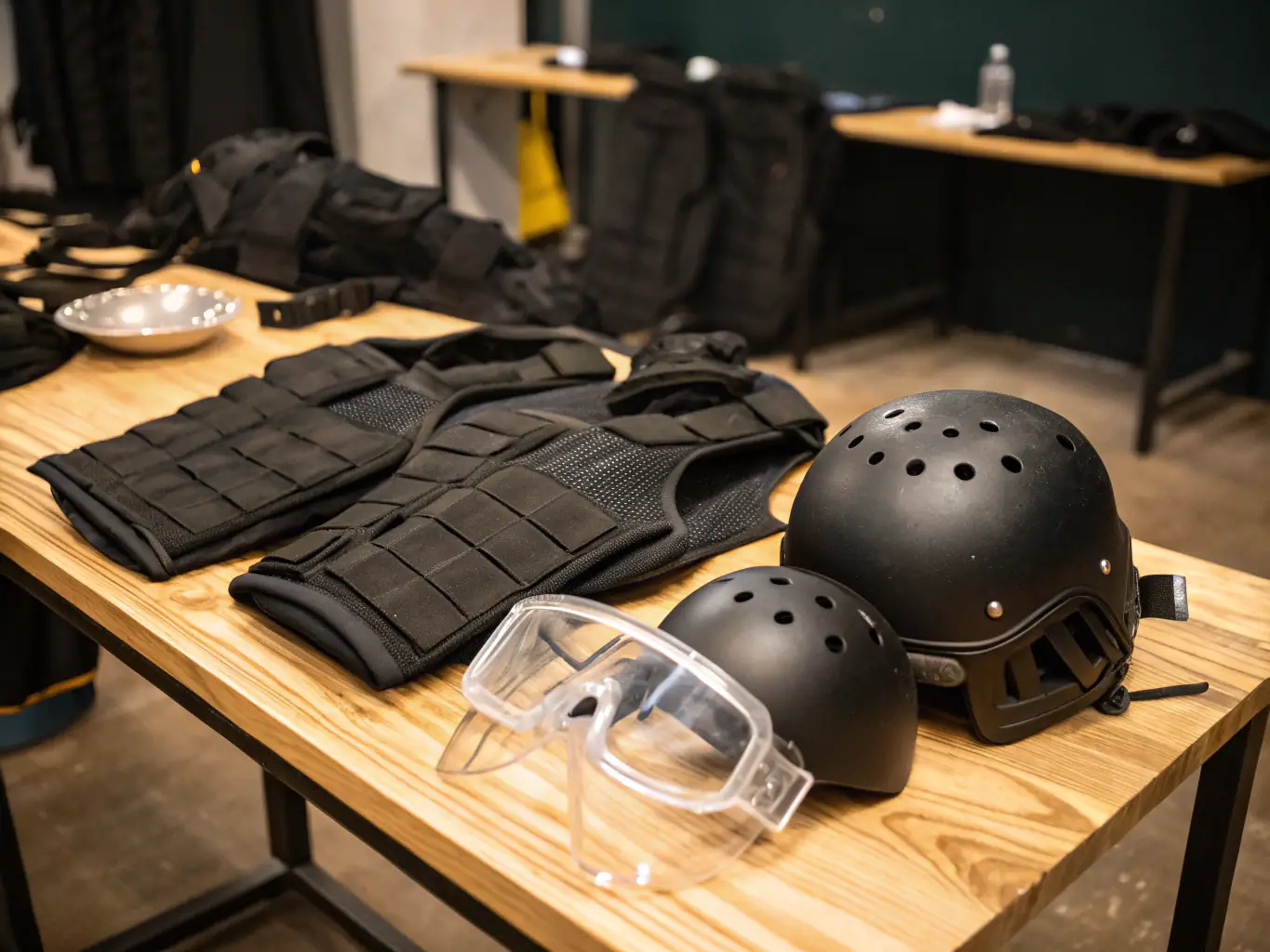 A close-up shot of airsoft equipment, including rifles and protective gear, emphasizing the importance of safety and responsible gameplay.