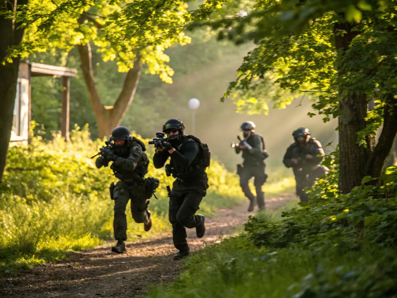 A group of airsoft players strategizing during a game in a wooded area, showcasing teamwork and tactical planning.