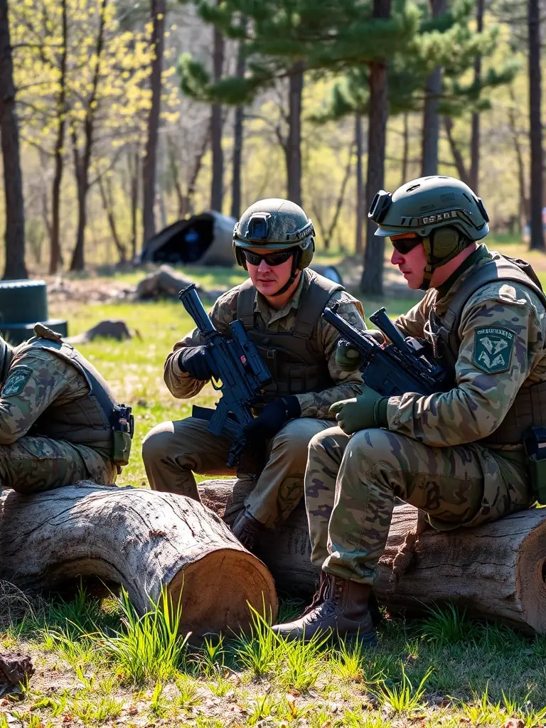 A group of airsoft players in tactical gear strategizing during a break in a game, showcasing teamwork and communication.