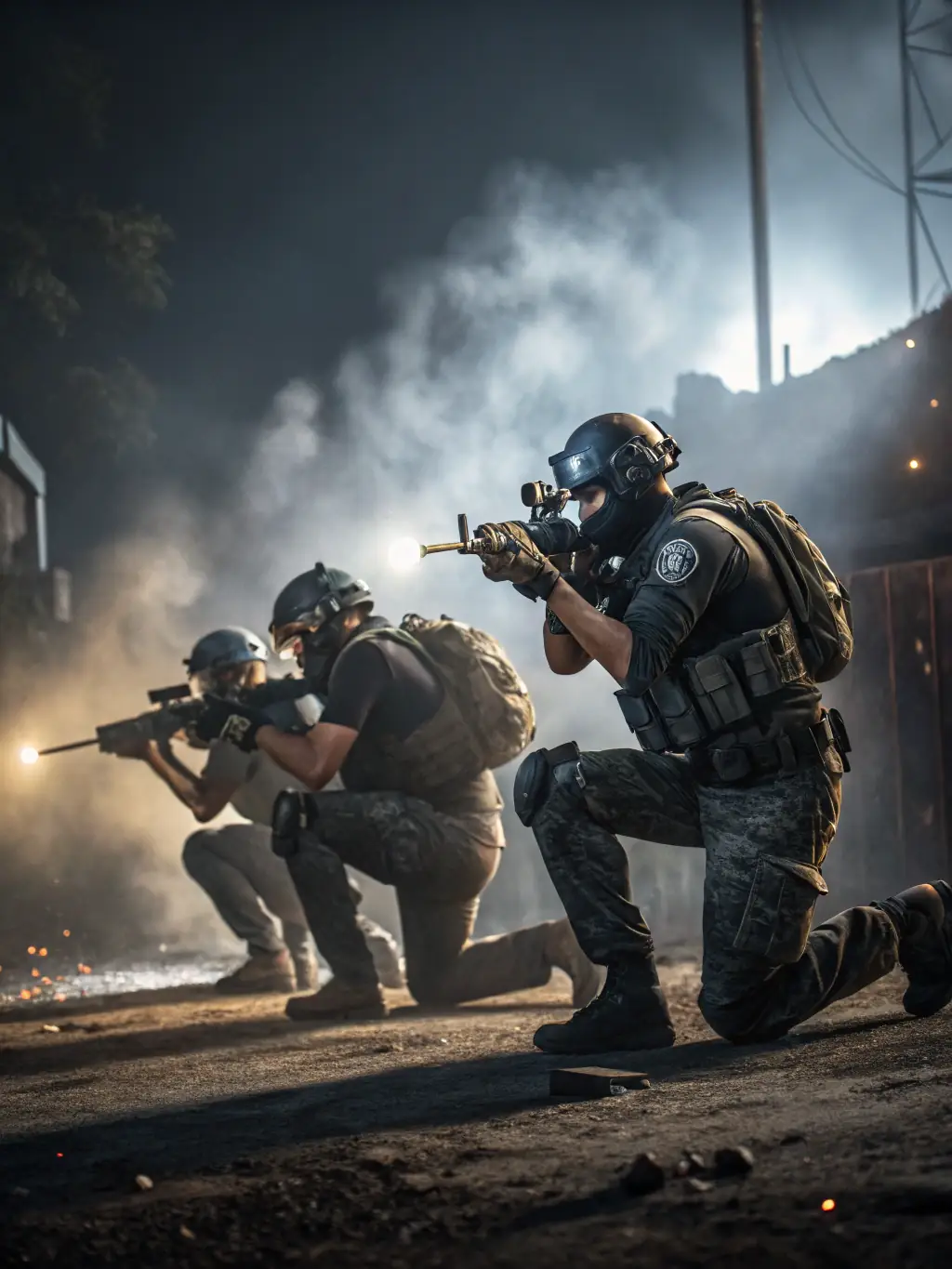 A dynamic action shot of GHOST TEAM AIRSOFT 15 members in a simulated combat scenario, emphasizing teamwork and strategic coordination during an airsoft event.