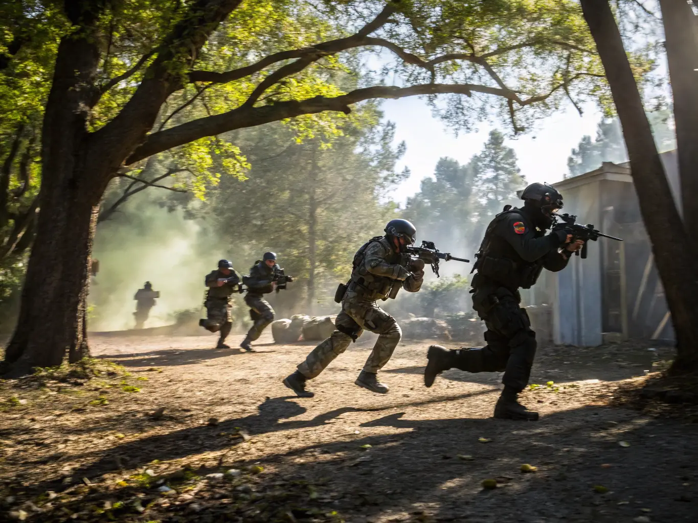 Airsoft players participating in a fast-paced, recreational game on a dynamic playing field, highlighting the fun and excitement of the sport.