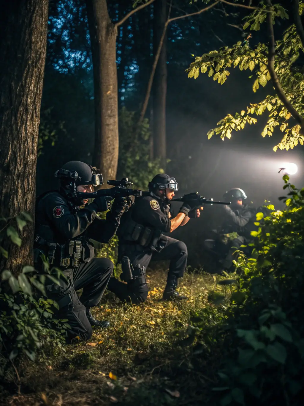 An action shot of an airsoft player from GHOST TEAM AIRSOFT 15 firing their airsoft gun during a competitive match, highlighting the intensity and skill involved.