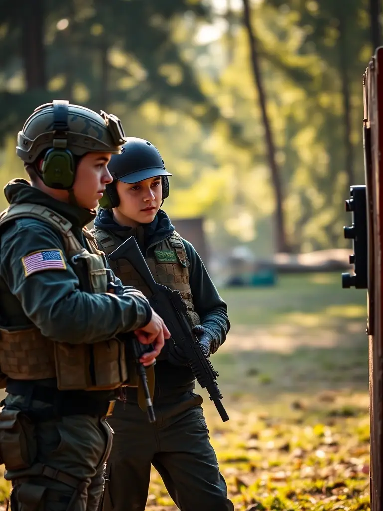 A close-up of a GHOST TEAM AIRSOFT 15 member assisting a newer player with their gear, demonstrating mentorship and support within the team.