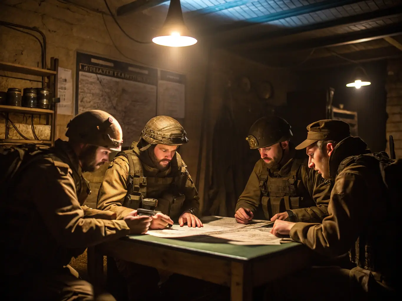 A group of airsoft players in tactical gear strategizing during a break in an outdoor game, showcasing teamwork and camaraderie.