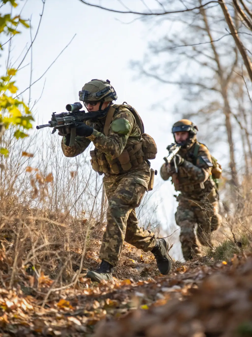 An airsoft player running through a wooded area during a game, emphasizing the physical activity involved in the sport.